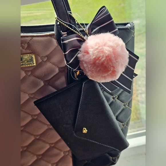 Betsey Johnson Quilted Black and Pink Tote with Pom-Pom - Picture 3 of 4